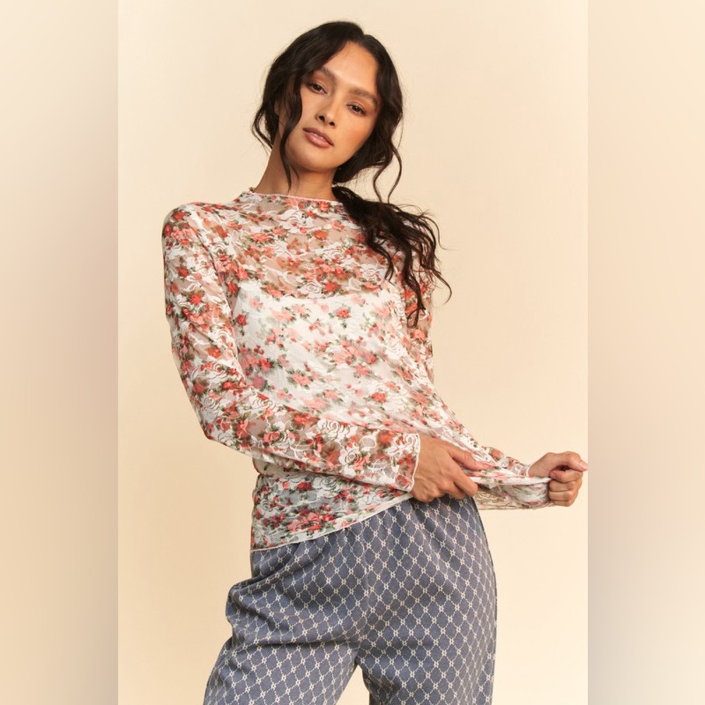 🟠314B. Floral Orange Mesh Sheer Lace Top